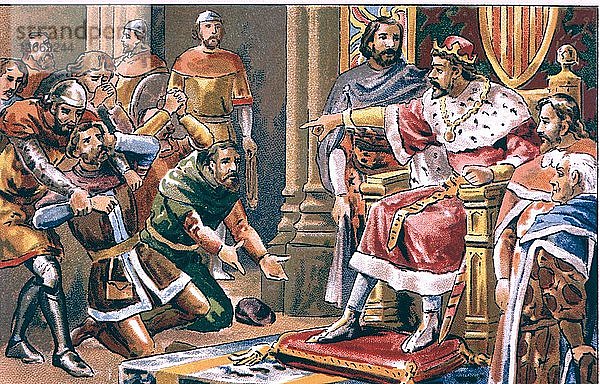 König Pedro IV. von Aragonien und sein Hofstaat empfangen die Abgesandten von König Peter I. von Kastilien und zeichnen?