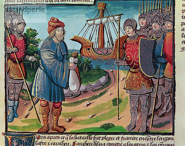 Die Krieger Karls des Großen  die sich zum Kampf gegen die Sarazenen einschifften  in Miniaturform in der Inkunabel Ogier le Dan?