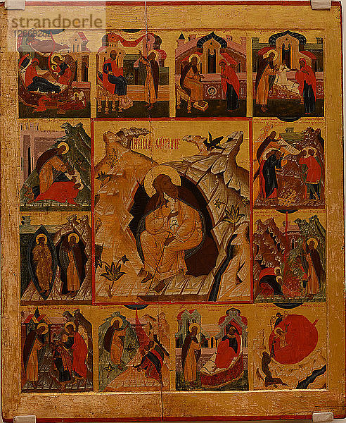 Der Prophet Elias in der Wüste mit Szenen aus seinem Leben  16. Jahrhundert.