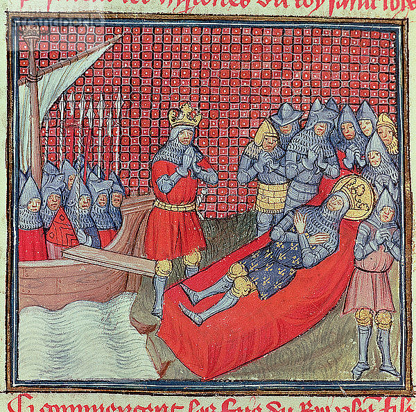 Der heilige Ludwig stirbt während des Kreuzzugs gegen Tunesien am 25. August 1270 an der Pest. Miniatur in th?