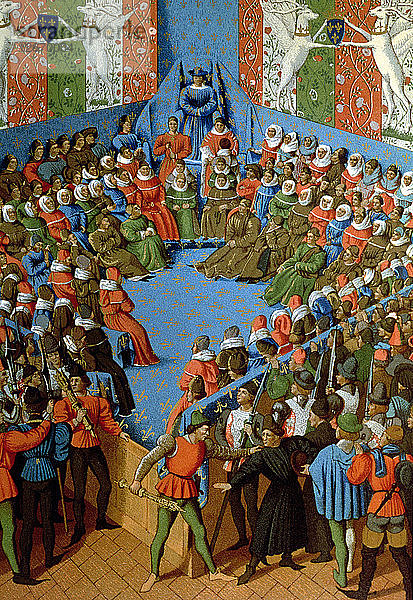 Prozess gegen Johann  Herzog von Alençon  der beschuldigt wurde  sich mit den Engländern gegen Frankreich verschworen zu haben  wurde er vor Gericht gestellt.