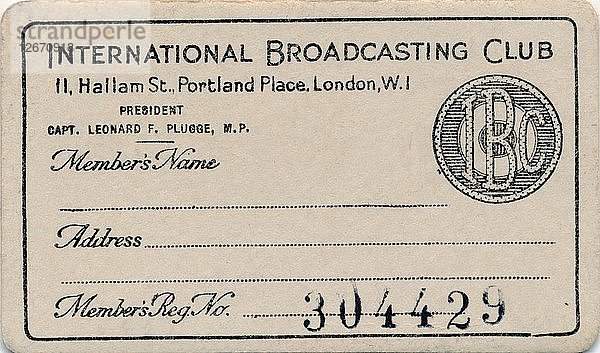 Internationaler Rundfunkverein: Mitgliedskarte  ca. 1930er Jahre. Künstler: Unbekannt.