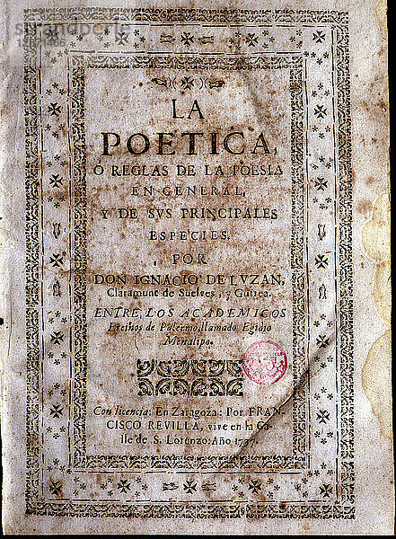 Umschlag der ersten Ausgabe von La poética (Die Poesie) von Ignacio de Luzán  gedruckt in Zaragoza?