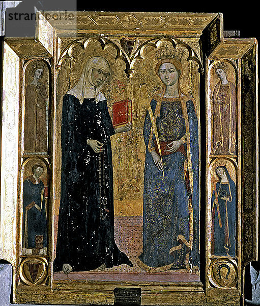 Mitteltafel eines Altarbildes mit der heiligen Martha und der heiligen Margarete  um 1360.