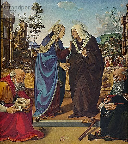 Die Heimsuchung mit den Heiligen Nikolaus und Antonius Abt  um 1489-1490. Künstler: Piero di Cosimo.