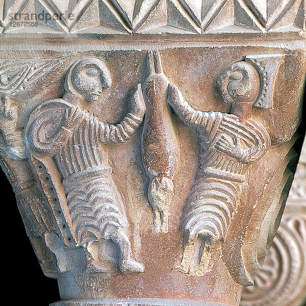 Kaninchenjäger  Detail eines Kapitells im Kreuzgang des Klosters Santa María de lEstany.