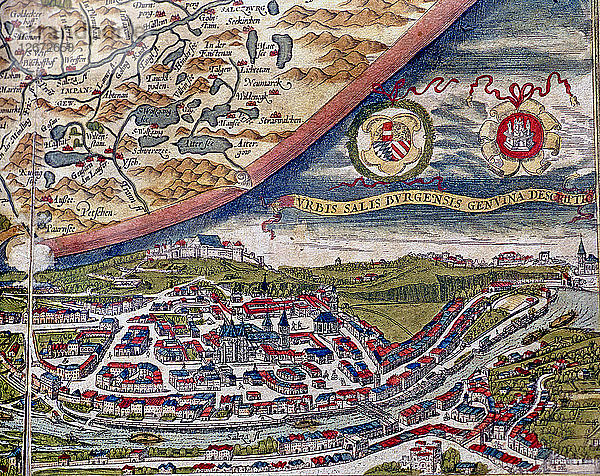 Theatrum Orbis Terrarum von Abraham Ortelius  Antwerpen  1574  Karte von Salzburg und Ansicht der Stadt.