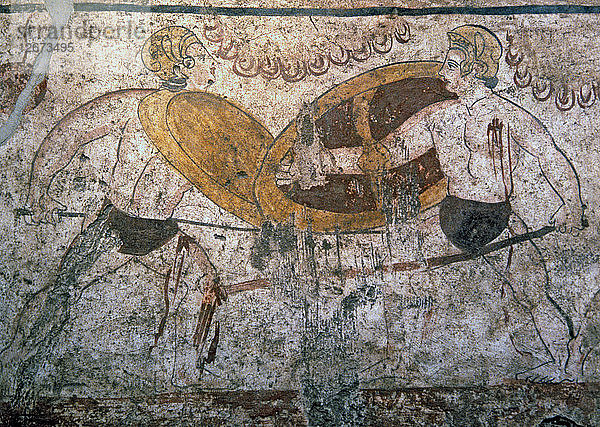 Gladiatoren im Kampf. Griechische Malerei mit italienischem Einfluss  aus dem lukanischen Grab in Paestum.