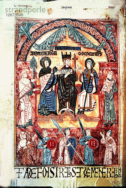 Königin Jimena und Alfons III. der Große (848-910) vor dem Bischof Gorneus  Miniatur aus dem Bo?