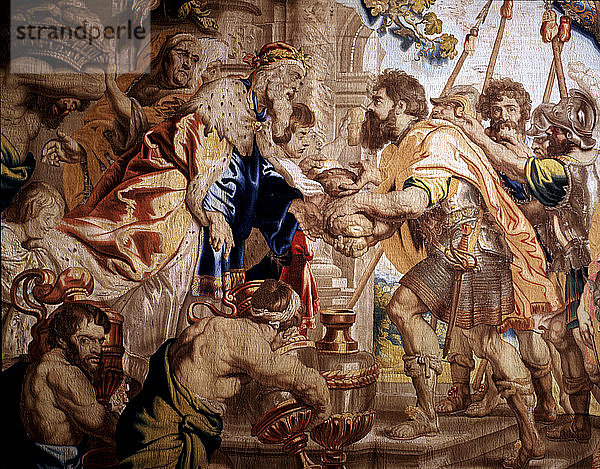 Detail eines Wandteppichs mit der Begegnung von Abraham und Melchisedek  der in Brüssel von Raes Jeans gewebt wurde.