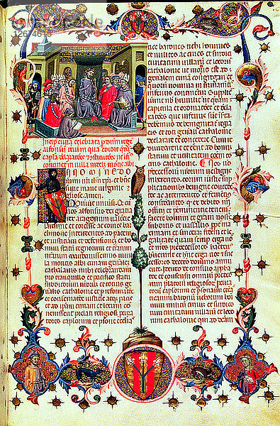 Alfons III. der Barmherzige (1327-1336)  der 1330 in Montblanc den Vorsitz im Gerichtssaal innehatte. Miniatur ?