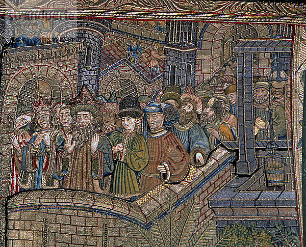 Frontalansicht des Heiligen Georg  in Leinen gestickter Stoff  Jahre 1450 - 1451  Detail der Wände von t?
