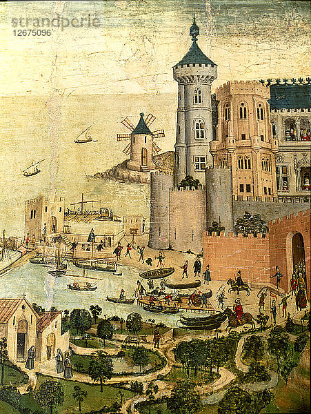 Altarbild des Heiligen Georg. Detail der Stadt von Mallorca Hafen  mit den Türmen der Almudaina  d?