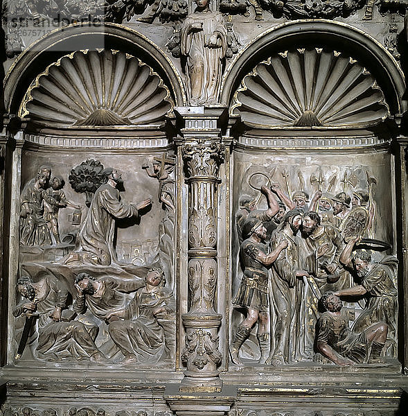 Detail des Sockels des Altaraufsatzes im Hauptaltar der Kathedrale von Barbastro  mit Szenen?