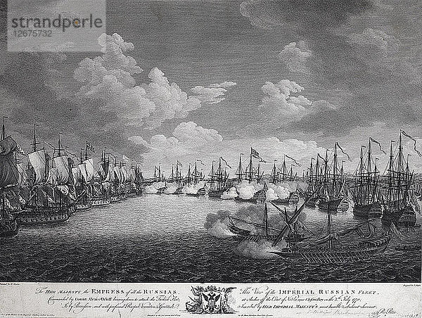 Russische und türkische Flotte vor der Schlacht von Chesma am 5. Juli 1770.