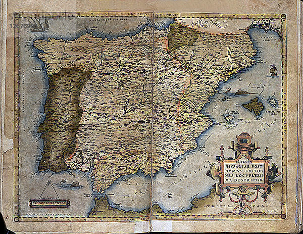 Theatrum Orbis Terrarum von Abraham Ortelius  Antwerpen  1574. Karte der Iberischen Halbinsel.
