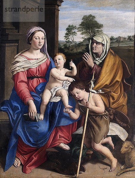 Die Jungfrau mit dem Kind  die heilige Elisabeth und das Johanneskind  17. Jahrhundert. Künstler: Giovanni Battista Salvi da Sassoferrato.