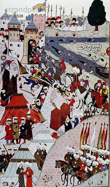 Mehmet II. bei der Erstürmung der Festung von Belgrad. Türkische Miniatur.