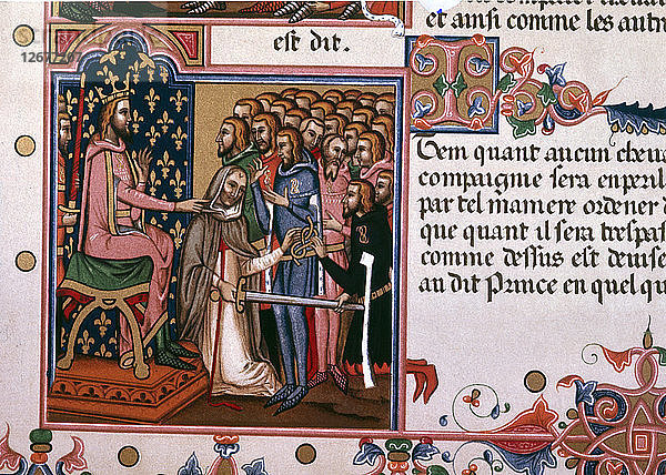 Investitur eines Herrn  Seite eines Manuskripts aus dem 14. Jahrhundert mit dem Titel Orden des Heiligen Geistes.