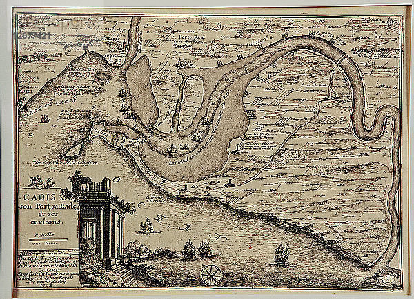 Schematische Zeichnung des Hafens und der Straßen der Bucht von Cádiz  links Zeichnung der Säulen?