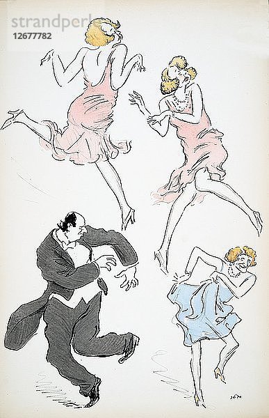 Drei Abbildungen von Transvestiten in blauen und rosafarbenen Kleidern  die mit einem größeren Herrn in weißer Kleidung tanzen