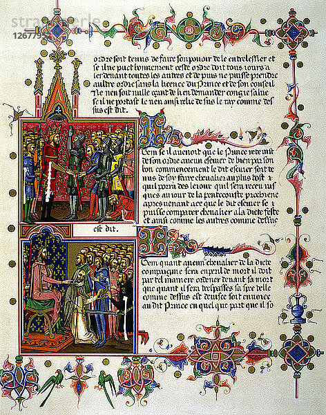 Investitur eines Gentleman. Übergabe des Schwertes. Seite der Handschrift aus dem 14. Jahrhundert Orden der ?