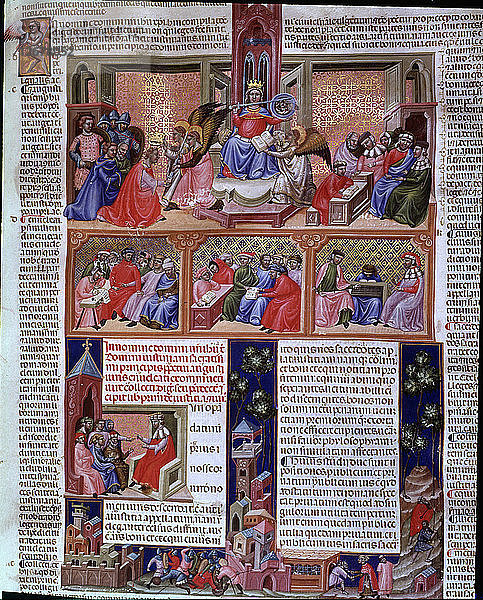 Einband mit verschiedenen Szenen. Miniatur im Codex Justinian Institutiones Feudorum et Alia  ca. 1300.