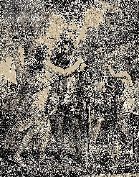 Vasco da Gama auf der Insel der Liebe. Illustration für Die Lusiaden von Luiz de Camoes  1817.