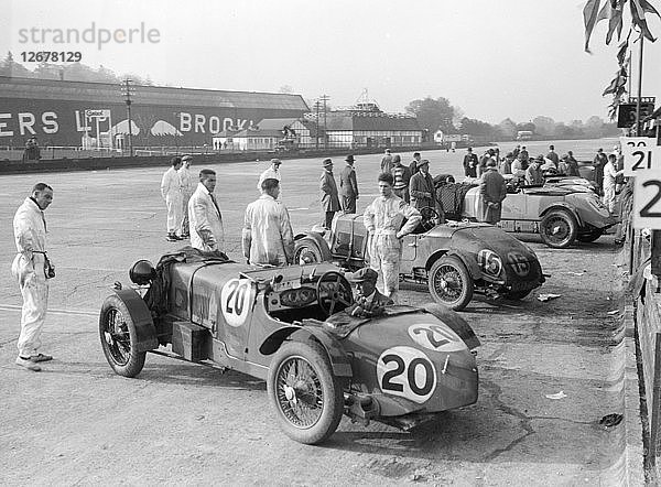 Alvis- und Lea-Francis-Wagen beim JCC Double Twelve-Rennen  Brooklands  8./9. Mai 1931. Künstler: Bill Brunell.