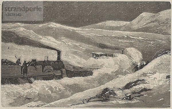 Durch Schnee blockierter Zug auf dem Guadarrama-Pass im Winter 1874  Stich aus der damaligen Zeit.