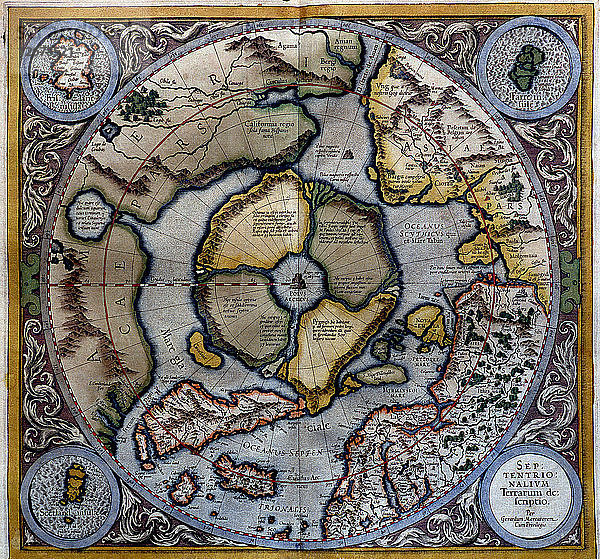 Atlas von Gerardus Mercator  1595  Karte der Arktis bis zum Nordpol und der umliegenden Länder mit?