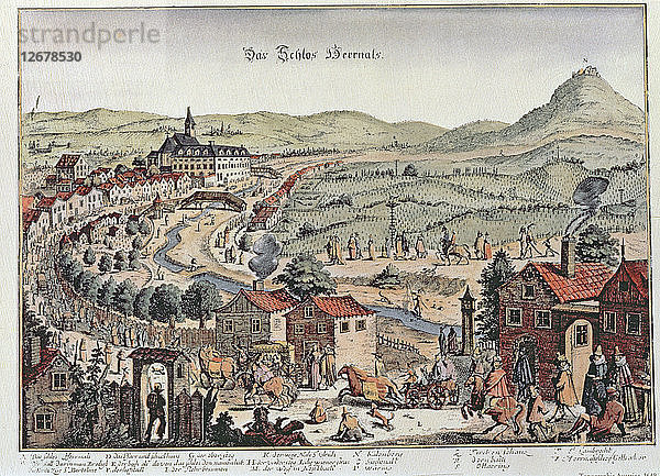 Ansicht des Nordens von Wien mit Schloss Hernals und Kahlenberg  kolorierter Stich.