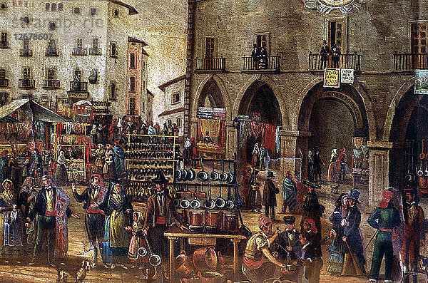 Mariä-Himmelfahrt-Messe auf dem Hauptplatz von Manresa  Detail eines Gemäldes von Marià Folch.