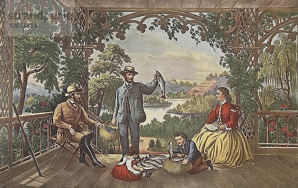Home From The Brook  The Lucky Fisherman  pub. 1867  Currier & Ives (Farblithographie)