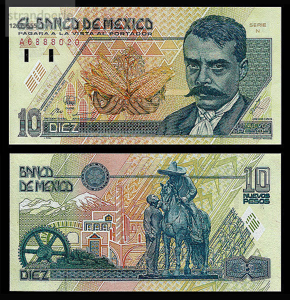 Banco México 10 Nuevos Pesos mit einem Porträt von Emiliano Zapata.