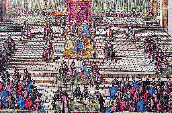 Die Generalstaaten von Orléans im Jahr 1561  Karl IX. auf dem Thron mit der Königinmutter  Kupferstich.