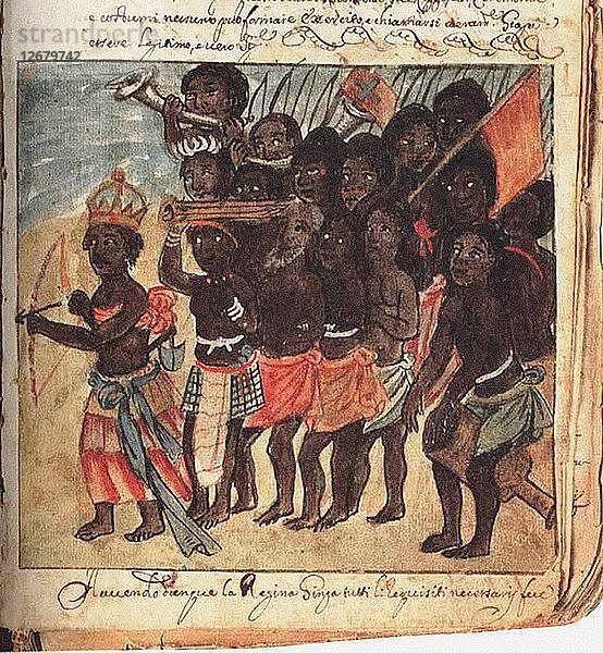 Königin Nzinga mit militärischem Gefolge  Königreich Matamba  Angola (aus: Manoscritti Araldi)  zwischen