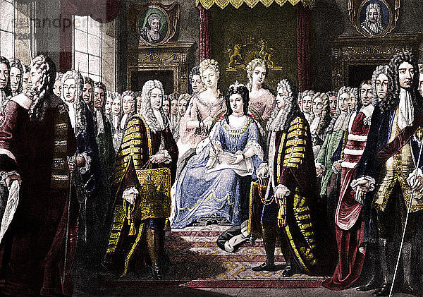 Unionsartikel  von Kommissaren an Königin Anne übergeben  1706. Künstler: Unbekannt.