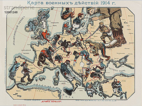 Karte der Kriegsaktivitäten von 1914  herausgegeben von der Moskauer Zeitschrift New Distorted Mirror  1914-1915.