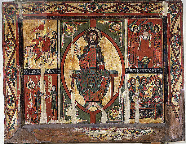 Frontalansicht des Heiligen Martin von Tours  Tempera auf Holz  das Werk besteht aus einem zentralen Pantokrator bl?