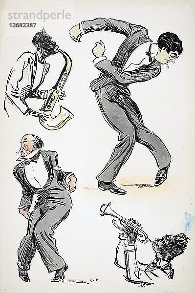 Zwei Männer in Anzügen tanzen  während zwei Musiker Saxophon und Trompete spielen  von White Bottoms pu