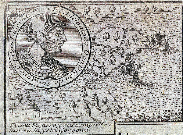 Francisco Pizarro und seine Begleiter sind auf der Insel Gorgona  Stich von 1726  mit der ?