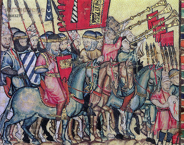 Sarazenische Heerscharen auf dem Weg in den Krieg  Miniatur in Cantigas de Santa Maria von Alfons X. dem Weisen  cod?