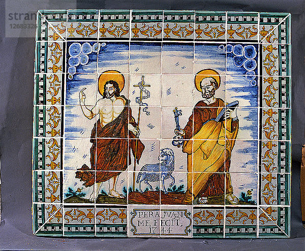 Katalanische Keramikdecke aus dem 18. Jahrhundert  die Saint Jean und Saint Peter darstellt. Satz von poly?