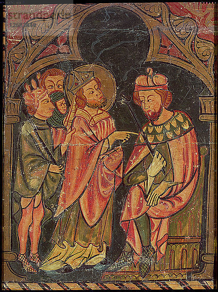 Vor Sant Cebrià von Cabanyes wird der heilige Cyprian von drei gedungenen Mördern zum Kaiser gebracht.