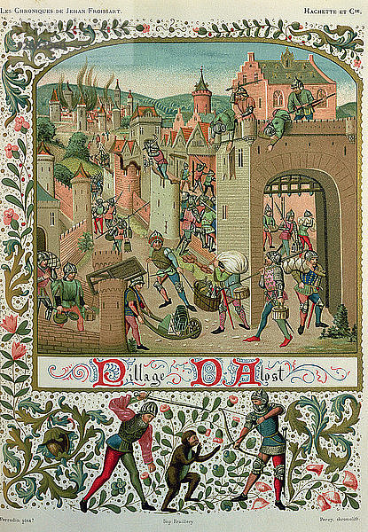 Einnahme und Plünderung von Alost und Grammont durch die Einwohner von Gant (1380)  Miniatur in Chronique?
