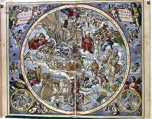 Harmonia Macrocosmica  Kupferstich mit Bibelpassagen von Andreas Cellarius.