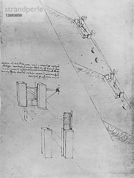 Ein Kanal mit Schleusen und Wehren  um 1480 (1945). Künstler: Leonardo da Vinci.