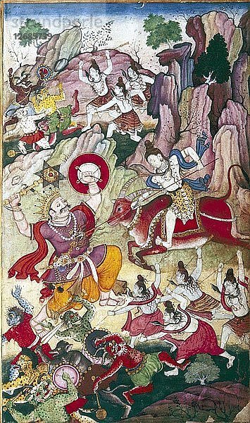 Siva vernichtet den Dämon Andhaka  Harivamsa-Manuskript  Mughul  um 1590. Künstler: Unbekannt.