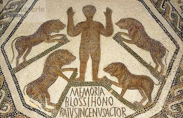 Frühchristliches/römisches Mosaik eines von Löwen angegriffenen Christen  ca. 1. bis 2. Jahrhundert. Künstler: Unbekannt.